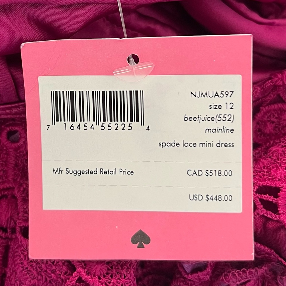 Kate Spade Dress Beetjuice Magenta Pink Spade Lace Mini Dress Sz 12 NWT - Picture 15 of 15